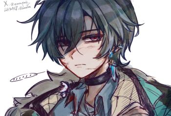 Rule 34 | ..., ahoge, armor, belt, belt collar, black belt, blue shirt, choker, coat, collar, collared shirt, commentary, ear piercing, earrings, genshin impact, green hair, hair between eyes, highres, jewelry, lohen (genshin impact), long sleeves, mole, mole under eye, multicolored eyes, ororayuki, partially shaded face, piercing, serious, shirt, short hair, shoulder armor, single earring, twitter username