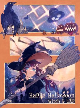 Rule 34 | 1girl, alien, bird, black hat, black ribbon, blue eyes, blue nails, broom, broom riding, candle, cat, commentary request, crow, full moon, gecko, hair ribbon, happy halloween, hat, highres, holding, holding broom, jack-o'-lantern, jack-o'-lantern hat ornament, kuromagnon, leaf, low twintails, maple leaf, moon, original, purple hair, ribbon, shadow, skull, twintails, two-handed, two-sided hat, ufo, witch hat