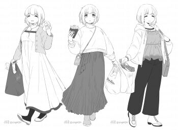 1girl ^_^ artist_name bag blush boots closed_eyes commentary_request dokagui_daisuki!_mochizuki-san dress food french_fries greyscale handbag highres holding holding_food hood hooded_jacket jacket ko-on_(ningen_zoo) long_skirt looking_at_viewer mochizuki_mikoto monochrome multiple_views open_clothes open_jacket pants parted_lips plastic_bag shoes shopping_bag short_hair signature skirt smile sweater twitter_username