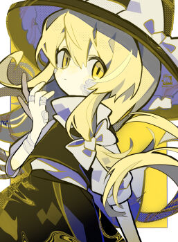 1girl absurdres artist_name bandaged_arm bandages bandaid bandaid_on_cheek bandaid_on_face bandaid_on_hand black_skirt black_vest blonde_hair closed_mouth commentary expressionless hair_ribbon hat highres kirisame_marisa looking_at_viewer ribbon shirt short_sleeves skirt solo soresaki touhou vest white_shirt witch_hat yellow_eyes