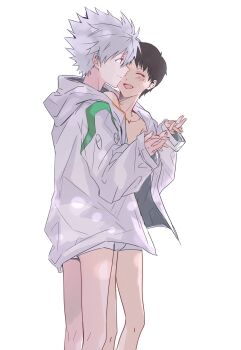 Rule 34 | 2boys, black hair, blush, closed mouth, cowboy shot, evangelion: 3.0 you can (not) redo, from side, grey hair, highres, hood, hood down, hooded jacket, ikari shinji, interlocked fingers, jacket, looking at another, male focus, male underwear, multiple boys, nagisa kaworu, neon genesis evangelion, open mouth, rebuild of evangelion, shared clothes, shared jacket, short hair, simple background, underwear, white background, white jacket, white male underwear, yaoi, yorumi1117