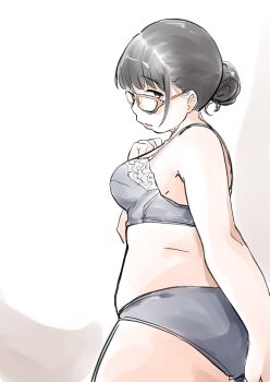 1girl bra breasts freckles glasses grey_bra grey_panties hair_bun jimiko kirinama01 mojyo original panties short_hair simple_background small_breasts solo underwear