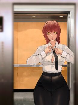 1girl adjusting_clothes adjusting_necktie black_necktie black_pants blurry blurry_foreground breasts chainsaw_man cleavage closed_mouth collared_shirt commentary cowboy_shot elevator formal_clothes high-waist_pants highres indoors large_breasts long_sleeves looking_at_viewer makima_(chainsaw_man) necktie pants red_hair ringed_eyes shirt shirt_tucked_in solo standing uchihaniray white_shirt yellow_eyes