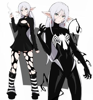 1girl absurdres alternate_costume alternate_hairstyle black_bodysuit black_choker black_dress black_pantyhose black_shoes black_shrug bodysuit choker cigarette commentary cosplay covered_navel dress elf english_commentary frieren frown full_body fusion green_eyes grey_background hair_down highres holding holding_cigarette kekel leg_warmers long_hair long_pointy_ears looking_at_viewer marvel multiple_views pantyhose parted_lips pointy_ears shoes shrug_(clothing) smoking sousou_no_frieren spider-man_(series) striped_leg_warmers thighs torn_clothes torn_pantyhose v-shaped_eyebrows venom_(marvel) venom_(marvel)_(cosplay) white_background