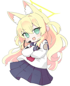 1girl :d animal_ear_fluff animal_ears black_gloves blonde_hair blue_archive blue_sailor_collar blue_skirt blush crossed_arms fang fox_ears gloves halo headset kurumi_(blue_archive) long_hair long_sleeves looking_at_viewer miranofuudoria open_mouth pleated_skirt puffy_long_sleeves puffy_sleeves sailor_collar school_uniform serafuku shirt simple_background skirt smile solo two_side_up very_long_hair white_background white_shirt