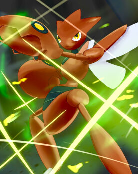 blurry blurry_background bug claws gen_2_pokemon highres nintendo no_humans pokemon pokemon_(creature) redamber334 scizor solo standing yellow_eyes