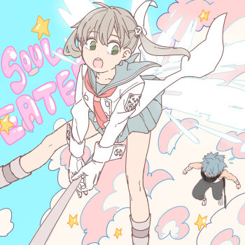 1boy 1girl black_scarf black_star blue_background blue_hair blue_skirt green_eyes grey_hair highres holding holding_weapon open_mouth otojirou scarf school_uniform scythe shirt skirt soul_eater spiked_hair weapon white_shirt