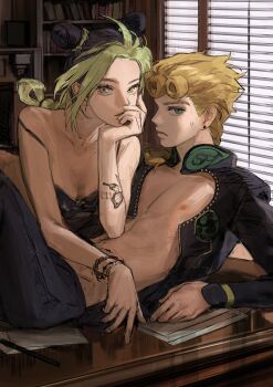 1boy 1girl absurdres black_hair blonde_hair bra bracelet braid butterfly_tattoo closed_mouth double_bun earrings giorno_giovanna green_eyes green_hair hair_bun hetero highres in-franchise_crossover incest jacket jewangchobab jewelry jojo_no_kimyou_na_bouken kuujou_jolyne long_hair looking_at_viewer looking_at_viewers multicolored_hair nipples stone_ocean tattoo two-tone_hair underwear vento_aureo victory_rolls