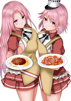 2girls absurdres apron armpit_cutout asymmetrical_docking breast_press breasts clothing_cutout food giuseppe_garibaldi_(kancolle) gloves hat highres himura_moritaka kantai_collection large_breasts long_hair luigi_di_savoia_duca_degli_abruzzi_(kancolle) mini_hat multiple_girls pasta pink_eyes pink_hair plate pleated_skirt red_shirt red_skirt shirt short_hair short_sleeves simple_background skirt smile white_background white_gloves white_headwear
