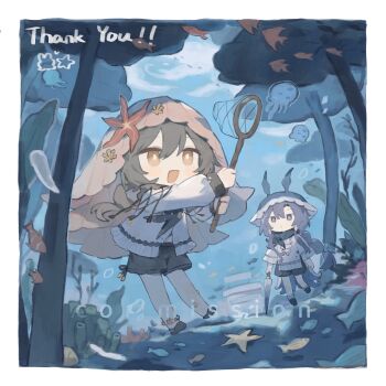 2girls :d absurdres black_shoes black_shorts blue_sky bright_pupils brown_eyes brown_hair butterfly_net chibi chibi_only commission day double-parted_bangs full_body hair_between_eyes hand_net highres holding holding_butterfly_net jellyfish long_hair long_sleeves mihuashi_250486 multiple_girls open_mouth original outdoors purple_eyes purple_hair red_veil shirt shoes shorts sky smile standing starfish veil white_pupils white_shirt