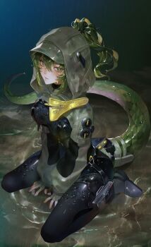 Rule 34 | 1girl, arknights, arknights: endfield, black bodysuit, bodysuit, boots, breasts, charismaing, commentary, fingerless gloves, fluorite (arknights), gloves, green eyes, green hair, hair through hood, highres, hood, hood up, hooded shrug, large breasts, lizard tail, long hair, long sleeves, parted lips, ponytail, pouch, puffy long sleeves, puffy sleeves, reptile girl, shrug (clothing), sitting, solo, tail, thigh pouch, thigh strap, untranslatable commentary, water, wet, wet clothes, wet hair, white boots, white gloves