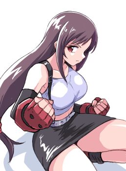 1girl bare_legs bare_shoulders belt black_hair black_skirt black_sleeves black_socks breasts brown_hair clenched_hands closed_mouth collarbone commentary crop_top detached_sleeves feet_out_of_frame fighting_stance final_fantasy final_fantasy_vii fingerless_gloves gloves highres ikaringo_(ikaringo4444) large_breasts long_hair looking_at_viewer low-tied_long_hair midriff_peek miniskirt navel pencil_skirt red_eyes red_gloves skirt socks solo suspender_skirt suspenders tank_top tifa_lockhart white_background white_tank_top