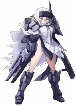 1girl armor armored_boots assault_rifle boots breasts cape cloak full_body gauntlets gluteal_fold goddess_of_victory:_nikke gun hair_between_eyes headgear holding holding_gun holding_weapon karukan_(monjya) long_hair looking_at_viewer mecha_musume mechanical_arms no_panties rifle shoulder_armor simple_background single_mechanical_arm snow_white_(nikke) solo standing thighs torn_cloak torn_clothes transparent_background visor_(armor) weapon white_background white_cape white_cloak white_hair yellow_eyes