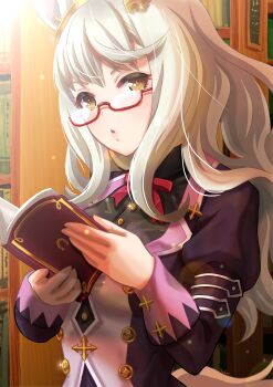 1girl absurdres animal_ears biwa_hayahide_(pf._winning_equation...)_(umamusume) biwa_hayahide_(umamusume) black_shirt blush book bookshelf bow bowtie breasts commentary_request glasses grey_hair highres holding holding_book horse_ears horse_girl horse_tail jacket long_hair long_sleeves looking_at_viewer medium_breasts otono_(bkt4b) parted_lips purple_jacket red-framed_eyewear red_bow red_bowtie semi-rimless_eyewear shirt solo tail umamusume under-rim_eyewear upper_body white_hair yellow_eyes