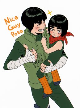 2boys aged_down bandaged_arm bandaged_hand bandages black_hair black_shoes blunt_bangs blush bodysuit bowl_cut child closed_eyes crying english_text flak_jacket furrowed_brow green_bodysuit green_vest grin highres jacket leg_warmers m0_mo_momo male_focus might_guy multiple_boys naruto_(series) neckerchief open-toe_shoes orange_leg_warmers red_neckerchief rock_lee shoes short_hair smile sparkle tears teeth thick_eyebrows thumbs_up time_paradox vest white_background