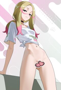 1girl absurdres black_choker blonde_hair bottomless breasts censored choker colored_tips gen_2_pokemon gluteal_fold grey_eyes highres hip_bones leaning_back long_hair long_sidelocks looking_at_viewer low_ponytail mina_(pokemon) multicolored_hair multicolored_shirt navel nintendo novelty_censor otokakoto paint_stains pink_hair pokemon pokemon_sm ponytail shirt short_sleeves side-tie_shirt sidelocks small_breasts smile snubbull solo standing stomach thighs white_shirt
