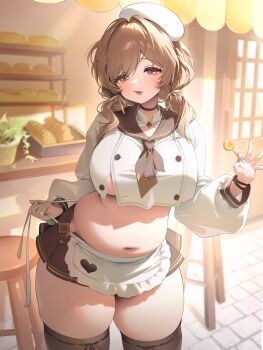 1girl apron black_choker blush bread bready_(nikke) breasts brown_eyes brown_hair brown_neckerchief brown_ribbon candy choker crop_top crop_top_overhang food goddess_of_victory:_nikke hair_ribbon hat heart heart_in_eye highres large_breasts lollipop looking_at_viewer low_twintails miniskirt nail_polish navel neckerchief partially_unbuttoned plant pleated_skirt plump potted_plant ribbon skirt solo stomach symbol_in_eye thick_thighs thighhighs thighs twintails waist_apron white_hat zhu_yin_(mannermana)