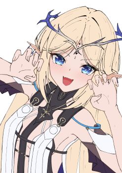 1girl :d absurdres armpits bare_shoulders blonde_hair blue_eyes breasts breasts_apart cartethyia_(wuthering_waves) claw_pose commentary crown_of_thorns earrings facial_mark fangs fingernails flat_color fleur-de-lis forehead_mark hands_up highres jewelry light_blush long_hair looking_at_viewer middle_part multiple_earrings necklace open_mouth parted_bangs pendant pointy_ears sideless_outfit simple_background skin_fangs small_breasts smile smug solo stole straight_hair tacet_mark_(wuthering_waves) tama_es45_nyan upper_body white_background wuthering_waves