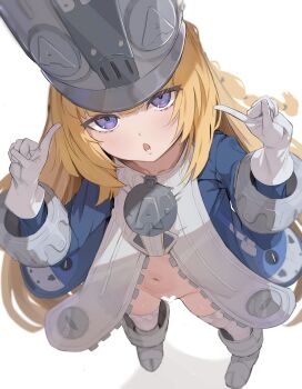1girl :o adjusting_clothes adjusting_headwear blonde_hair blue_coat blue_jacket blurry blush boots bottomless breasts censored coat commentary depth_of_field esearu from_above full_body gloves grey_hat grey_helmet hands_up hat heart heart_censor helmet high_heel_boots high_heels highres index_finger_raised index_fingers_raised jacket large_hat loli long_hair long_sleeves lower_teeth_only midriff navel no_panties norma_hollowell open_mouth partially_undressed purple_eyes shako_cap simple_background small_breasts solo standing teeth thighhighs unamused untranslatable_commentary very_long_hair white_background white_boots white_gloves white_thighhighs zenless_zone_zero zettai_ryouiki