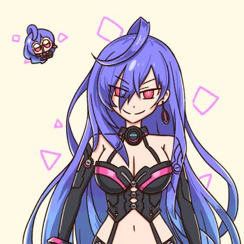 1girl bare_shoulders blue_hair breasts cleavage commentary dominatrix earrings elbow_gloves english_commentary gloves hair_between_eyes iris_heart_(neptunia) jewelry large_breasts long_hair looking_at_viewer navel neptune_(series) numenoko pink_eyes purple_hair red_eyes smile solo very_long_hair