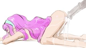 1girl after_anal aftersex all_fours animal_penis aqua_hairband ass barefoot bestiality butterchalk commentary completely_nude cum cum_in_ass english_commentary feet hairband horse_penis laura_la_mer loli long_hair nude penis pink_hair precure simple_background solo_focus tropical-rouge!_precure white_background