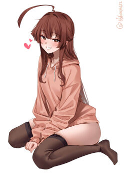 1girl ahoge artist_name between_legs blush breasts brown_eyes brown_hair brown_hoodie commentary_request drawstring ebifurya grin hair_between_eyes hand_between_legs hashtag-only_commentary heart highres hood hood_down hoodie huge_ahoge kantai_collection kuma_(kancolle) long_hair long_sleeves looking_at_viewer no_pants no_shoes one-hour_drawing_challenge sidelocks simple_background sitting smile solo thighhighs thighs twitter_username v_arms wariza white_background