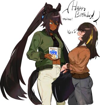 2girls ^_^ animal_ears artist_self-insert birthday black-framed_eyewear black_shirt blue_eyes blush box briefcase brown_hair brown_sweater closed_eyes collared_shirt commentary crop_top cropped_legs dark-skinned_female dark_skin denim english_commentary english_text female_trainer_(umamusume) gift glasses green_jacket grey_pants hair_between_eyes happy happy_birthday height_difference high_ponytail highres holding holding_box holding_briefcase horse_ears horse_girl jacket jeans jewelry long_hair long_sleeves looking_at_another merchandise midriff multicolored_hair multiple_girls navel necklace open_clothes open_jacket open_mouth pants pdvl pocket ponytail puffy_long_sleeves puffy_sleeves shared_speech_bubble shirt shirt_under_sweater simple_background smile speech_bubble streaked_hair sweater symboli_kris_s_(casual)_(umamusume) symboli_kris_s_(umamusume) trainer_(umamusume) twin_turbo_(umamusume) umamusume very_long_hair white_background white_pants white_shirt