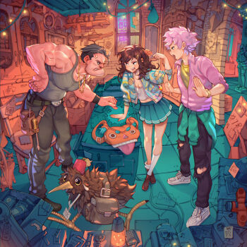 1girl 2boys animal_bag aqua_skirt aqua_sweater arguing armoire armor_stand artist_name beard_stubble bird black_pants black_shoes blue_sky box bracelet breasts brick_wall brown_hair brown_shoes cabinet calculator cash_register chair cleavage clenched_hand clothes_around_waist commentary counter crop_top crossed_ankles dated display_case earrings english_commentary facial_hair fez_hat gold_necklace grey_hair grey_tank_top hat indoors jacket jar jewelry katana kiwi_(bird) lava_lamp leaning_forward long_hair multicolored_jacket multiple_boys necklace original pants pink_hair pink_shirt pleated_skirt poster_(object) price_tag screwdriver shelf shirt shoes shop short_hair simz skirt sky socks standing stubble sweater sweater_around_waist sword tank_top teeth tile_floor tiles tool_belt torn_clothes torn_pants toy_airplane upper_teeth_only watch weapon white_shirt white_shoes white_socks window wristwatch yellow_shirt