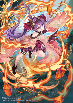 1girl birdcage cage chain commentary_request copyright_notice dress fire floating_hair gem gloves hair_between_eyes hair_ornament hairband heterochromia highres kalavinka_(z/x) konatsu_hare long_hair official_art orange_gemstone pink_dress purple_eyes purple_gloves purple_hair red_eyes solo twintails z/x