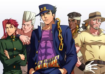 5boys beard black_hair blue_eyes brown_eyes chain dark-skinned_male dark_skin dog facial_hair green_eyes grey_hair hat iggy_(jojo) jean_pierre_polnareff jojo_no_kimyou_na_bouken joseph_joestar joseph_joestar_(old) kakyoin_noriaki kotatsu_(g-rough) kuujou_joutarou mohammed_avdol multiple_boys red_hair