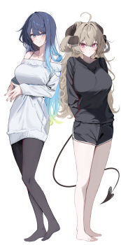 2girls absurdres ahoge arms_behind_back barefoot black_horns black_pantyhose black_shirt black_shorts blue_eyes blue_hair breasts brown_hair closed_mouth commentary_request demon_girl demon_horns demon_tail full_body gradient_hair green_hair highres horns komupi large_breasts legs long_hair long_sleeves looking_at_viewer medium_breasts multicolored_hair multiple_girls original pantyhose pink_eyes shirt shorts simple_background smile sweater tail toes white_background white_sweater