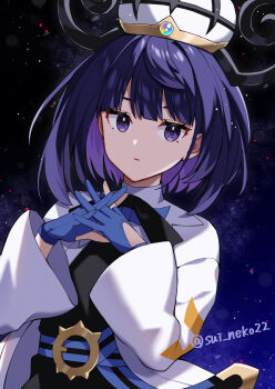 1girl belt belt_buckle black_dress black_hair blue_gloves blunt_bangs bob_cut buckle closed_mouth coat dress gloves gradient_hair gwynn_(pokemon) hat highres interlocked_fingers long_sleeves looking_at_viewer multicolored_hair nintendo o-ring o-ring_belt open_clothes open_coat partially_fingerless_gloves pokemon pokemon_legends:_z-a purple_eyes purple_hair reisui_(sui_neko22) short_hair solo upper_body white_coat