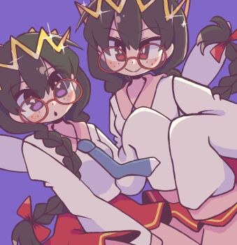 Rule 34 | black hair, bow, braid, crown, fairy, fairy wings, freckles, glasses, hair bow, highres, kirby (series), kirby 64, long hair, low twin braids, nintendo, purple background, purple eyes, red bow, red eyes, ripple star queen, simple background, sleeves past fingers, sleeves past wrists, sofo soup, sparkle, twin braids, wings
