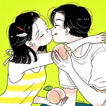 1boy 1girl bare_shoulders black_hair blush closed_eyes colored_skin emamemamo33 fingernails food food_bite from_side fruit green_background hair_ornament hair_pulled_back hairclip highres holding holding_food holding_fruit kiss medium_hair original outstretched_arm pants peach shirt short_hair signature simple_background striped_tank_top t-shirt tank_top tongue tongue_out upper_body white_skin