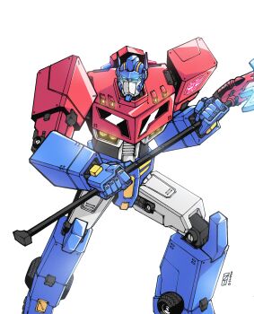 absurdres autobot blue_eyes glowing glowing_eyes halberd highres humanoid_robot insignia lextodrawstuff machine mecha optimus_prime polearm robot science_fiction simple_background transformers transformers_animated weapon wheel white_background