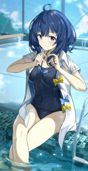 1girl absurdres ahoge blue_bow blue_bowtie blue_eyes blue_hair blue_one-piece_swimsuit bow bowtie breasts collared_shirt commentary covered_navel crossed_legs four-finger_heart_hands geez heart heart_hands highres large_breasts looking_at_viewer make_heroine_ga_oo_sugiru! medium_hair on_rooftop one-piece_swimsuit open_clothes open_shirt outdoors parted_lips poolside school_uniform shirt sitting smile solo swimsuit swimsuit_under_clothes tsuwabuki_high_school_uniform white_shirt yanami_anna yellow_bow yellow_bowtie