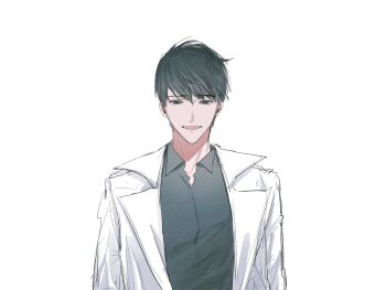 1boy black_eyes black_hair black_shirt coat collared_shirt commentary kim_dokja looking_at_viewer male_focus omniscient_reader&#039;s_viewpoint open_clothes open_coat open_mouth popped_collar shirt short_hair solo symbol-only_commentary toupou39 upper_body white_coat