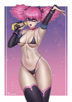 1girl bikini black_bikini black_gloves black_mask black_thighhighs blush boku_no_hero_academia breasts cowboy_shot domino_mask earrings eye_mask gloves hair_ribbon haneyama_kazuho highres holding holding_microphone jewelry long_hair looking_at_viewer mask medium_breasts micro_bikini microphone navel open_mouth pink_eyes pink_hair pink_trim ribbon shiny_skin skindentation solo standing swimsuit thigh_gap thighhighs thighs tio_sam twintails vigilante_-boku_no_hero_academia:_illegals-