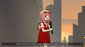 1girl blonde_hair collared_shirt commentary english_text eyewear_on_head flandre_scarlet fourth_wall highres holding holding_microphone microphone one_side_up pointy_ears puffy_short_sleeves puffy_sleeves red_eyes red_skirt red_vest shirt short_hair short_sleeves skirt stage symbol-only_commentary touhou vest white_shirt wings yoruny