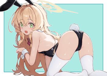 1girl all_fours animal_ear_hairband animal_ears aqua_background ass black_hairband black_leotard blonde_hair blue_archive blue_border border breasts crossed_bangs fake_animal_ears fang foot_out_of_frame from_behind green_eyes hair_between_eyes hairband halo hand_up highres leotard long_bangs long_hair looking_at_viewer looking_back nipple_slip nipples no_shoes open_mouth outside_border parted_bangs playboy_bunny professor_niyaniya_(blue_archive) rabbit_ear_hairband rabbit_ears rabbit_tail shiny_skin simple_background skin_fang small_breasts solo strapless strapless_leotard tail teranekosu thighhighs turning_head white_thighhighs white_wrist_cuffs wrist_cuffs yellow_halo