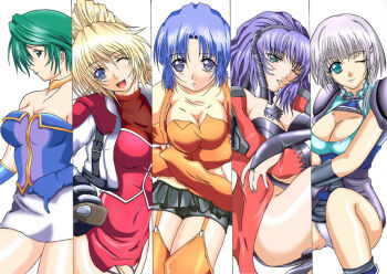 Rule 34 | 5girls, aqua centolm, aqua centrum, aya kobayashi, banpresto, blonde hair, blue hair, breasts, cleavage, cleavage cutout, clothing cutout, excellen browning, garter straps, green hair, jacket, kusuha mizuha, large breasts, miniskirt, multiple girls, panties, pantyshot, seolla schweizer, short hair, silver hair, skirt, super robot wars, thighhighs, underwear