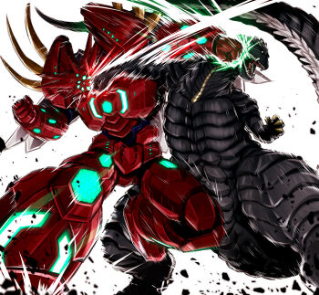absurdres armor bandai_namco bones_(company) claws crosscounter crossover energy fangs getter_emperor getter_rays getter_robo getter_robo_arc giant giant_monster giant_robot ginga_no_kou glowing godzilla godzilla_(series) godzilla_singular_point godzilla_ultima green_light highres horns kaiju mecha mecha_focus monster multiple_crossover no_humans open_mouth orange_(company) red_armor robot scales sharp_teeth spikes spines super_robot super_robot_wars super_robot_wars_y tail teeth toho tokusatsu very_long_tail