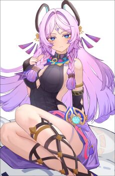 Rule 34 | 1girl, asaikeu, bare shoulders, black sweater, blue eyes, breasts, citlali (genshin impact), commentary request, double halo, genshin impact, halo, highres, large breasts, long hair, purple hair, sideboob, simple background, solo, sweater, white background