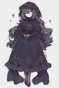 Rule 34 | 1girl, black collar, black dress, black hair, black ribbon, black shoes, black veil, brown gloves, brown pantyhose, collar, commentary request, dress, exhausted, flat chest, frilled dress, frills, full body, gloves, goth fashion, gothic lolita, grey background, grey eyes, hair between eyes, head tilt, high heels, highres, lolita fashion, long dress, long sleeves, looking at viewer, loose hair strand, loosely tucked bangs, okura 0915, original, pantyhose, parted lips, ribbon, shoes, sidelocks, solo, standing, star (symbol), sweatdrop, unkempt, veil, wavy hair