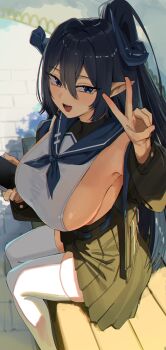 1girl absurdres armpits black_hair black_jacket black_skirt blush breasts cellphone commentary commission english_commentary goback hair_between_eyes highres holding holding_phone horns jacket large_breasts long_hair looking_at_viewer on_bench original outdoors phone pleated_skirt pointy_ears ponytail sailor_collar shirt sideboob sitting skirt smartphone solo thighhighs v white_shirt white_thighhighs