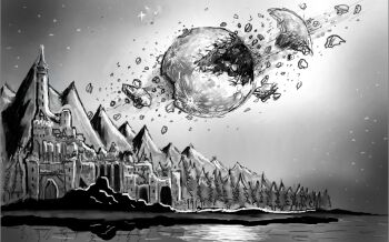Rule 34 | broken moon, castle, commentary, english commentary, explosion, greyscale, in-universe location, monochrome, moon, mountainous horizon, no humans, scenery, shadow slave, shards, shore, whitebeard5793