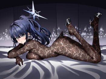 1girl absurdres alternate_costume arched_back black_shoes blue_archive blue_halo feet_up floral_print_pantyhose from_side ggokoo halo highres hooked_on_heel lace_bodysuit lace_pantyhose_hooked_on_heel_(meme) long_hair looking_at_viewer lying meme on_stomach pantyhose_tug ponytail saori_(blue_archive) shoes solo
