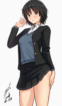absurdres amagami black_jacket black_skirt blue_vest breasts brown_eyes clothes_lift collared_shirt dated hand_on_own_thigh highres jacket long_sleeves medium_breasts nanasaki_ai open_clothes open_jacket plaid_clothes plaid_skirt school_uniform shirt short_sleeves signature simple_background skirt skirt_lift vest white_background white_shirt yoo_tenchi