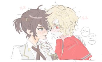 2boys ahoge andrew_kreiss andrew_kreiss_(epitaph) blonde_hair capelet colored_eyelashes commentary_request cropped_torso eye_contact green_eyes grey_vest grin hank5u identity_v korean_commentary looking_at_another luca_balsa luca_balsa_(graduation_day) male_focus multiple_boys ponytail portrait red_capelet red_eyes saliva saliva_trail shirt short_ponytail single_hair_intake small_sweatdrop smile striped_blush translation_request vest white_shirt yaoi
