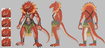 1boy abs anbe_yoshirou anklet arms_at_sides artist_name bracelet character_request chest_harness claws closed_mouth commentary_request copyright_notice expression_chart full_body grey_background harness highres jewelry loincloth male_focus multiple_expressions multiple_views muscular muscular_male o-ring o-ring_harness pectorals red_scales reference_sheet reptile_boy romancing_saga_2 saga simple_background slit_pupils standing yellow_eyes